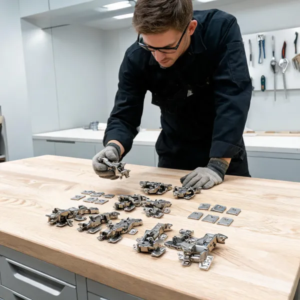 Cabinet installers selecting hinges